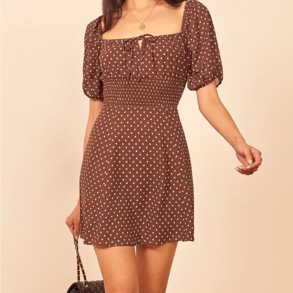 sold out Reformation Jo mini dress size 0 brown with cream polka dots